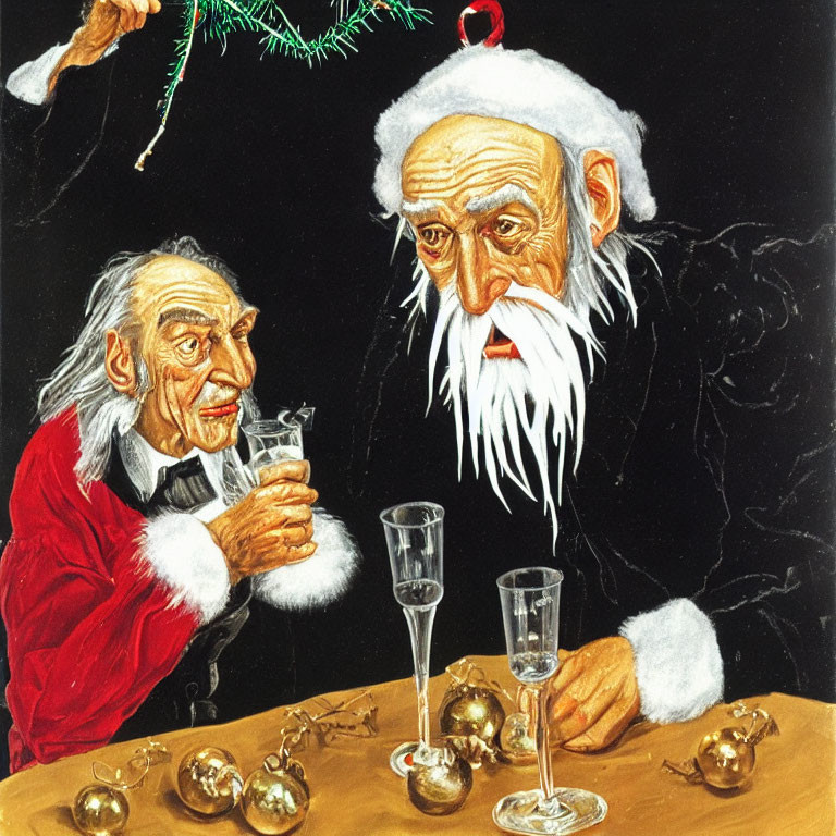 Elderly Men Caricatures Toasting with Champagne at Christmas Table