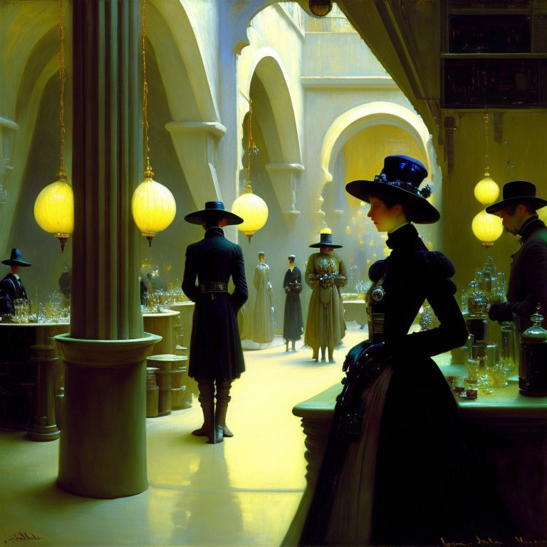 Victorian scene with people in period clothing under warm, glowing lights