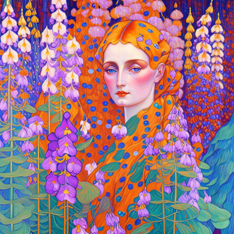 Colorful illustration: Woman with orange hair among purple and pink flowers on blue backdrop