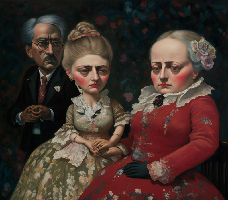 Stylized painting of three figures in vintage attire on dark floral backdrop