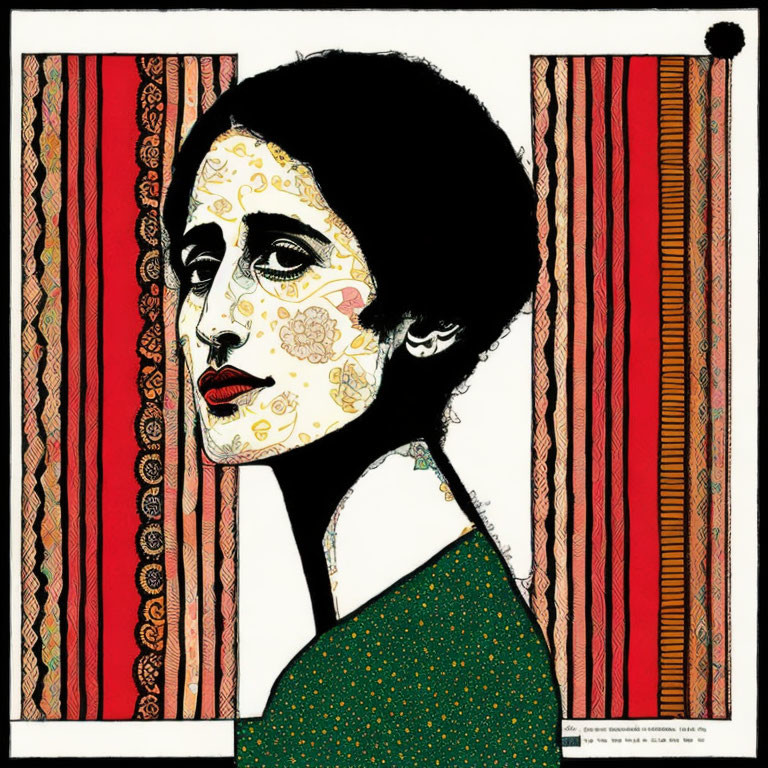 Profile view woman illustration with patterned motifs on red-striped background.