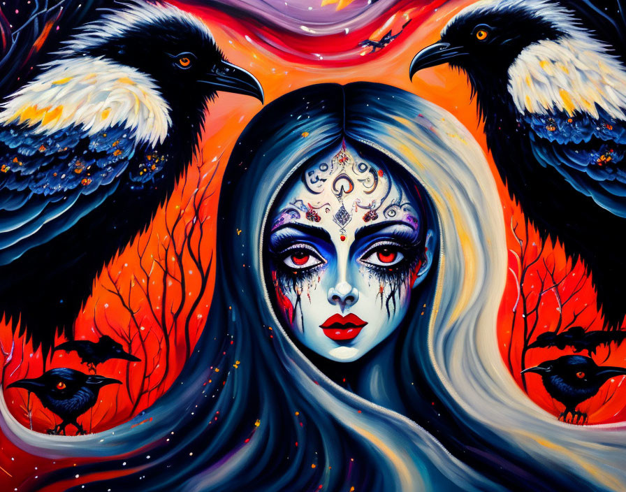 Vibrant artwork of woman with face paint and ravens on fiery blue backdrop