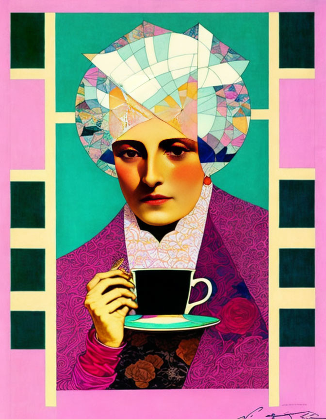 Person holding teacup in front of geometric pastel background with abstract head pattern.