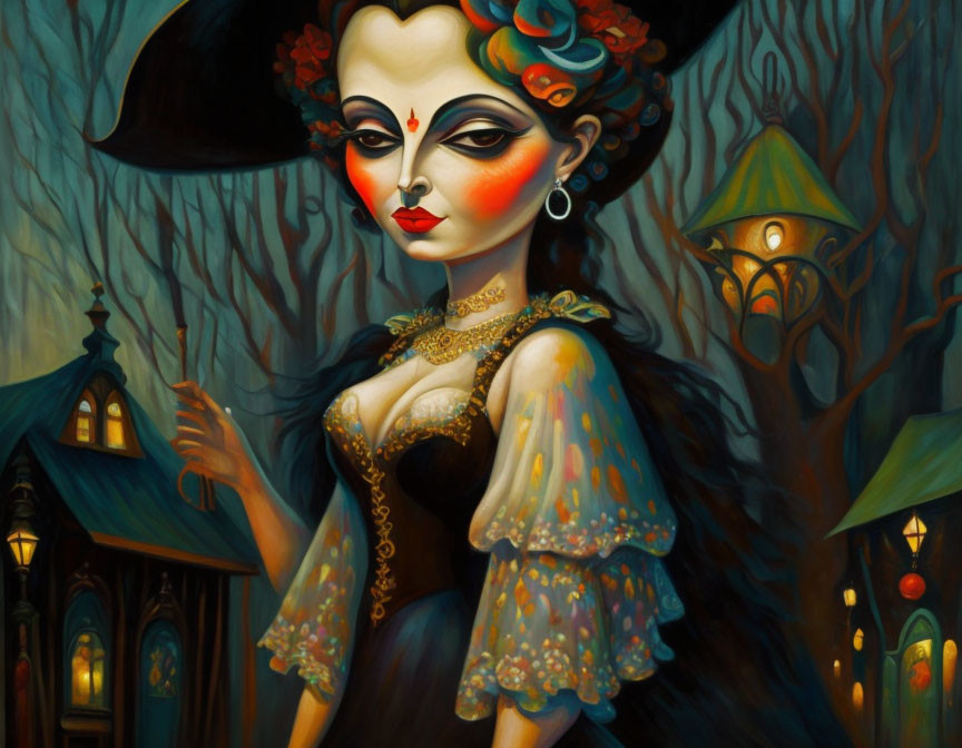 Gothic painting: Pale woman in Victorian attire at haunted mansion