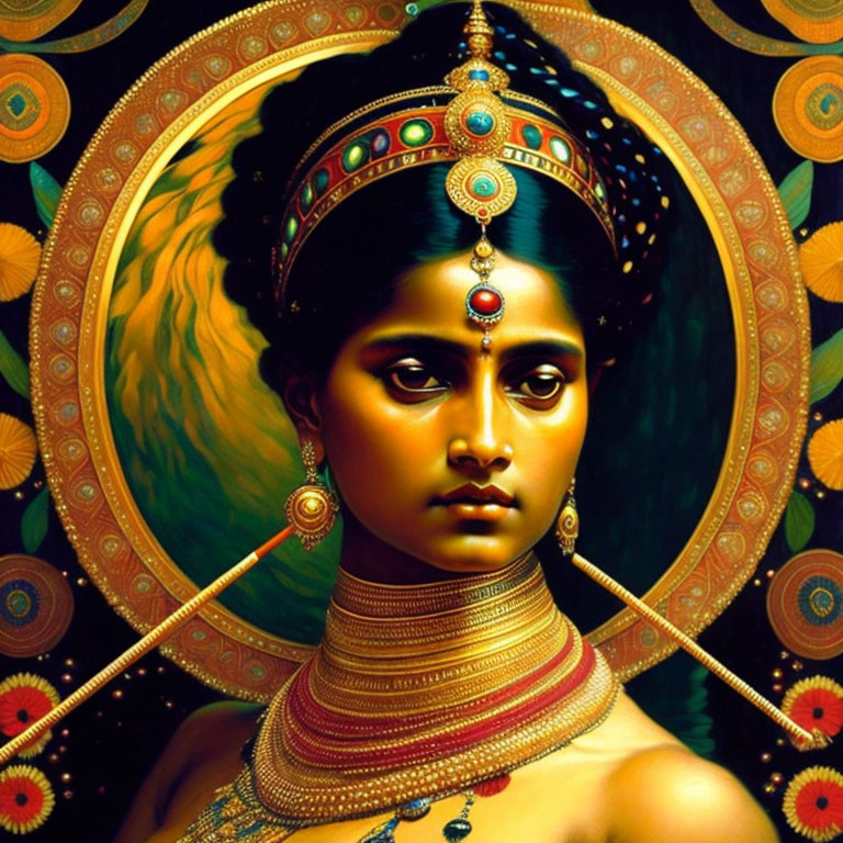 Traditional Indian Woman Painting with Serene Expression and Ornate Adornments