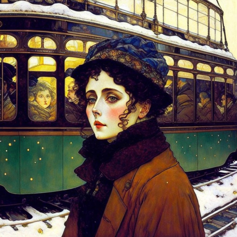 Woman in brown coat and blue hat with vintage tram and passengers in snowy scene