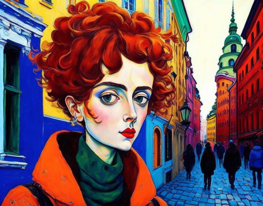 Colorful Artwork Featuring Woman with Red Curly Hair and Blue Eyes in City Setting