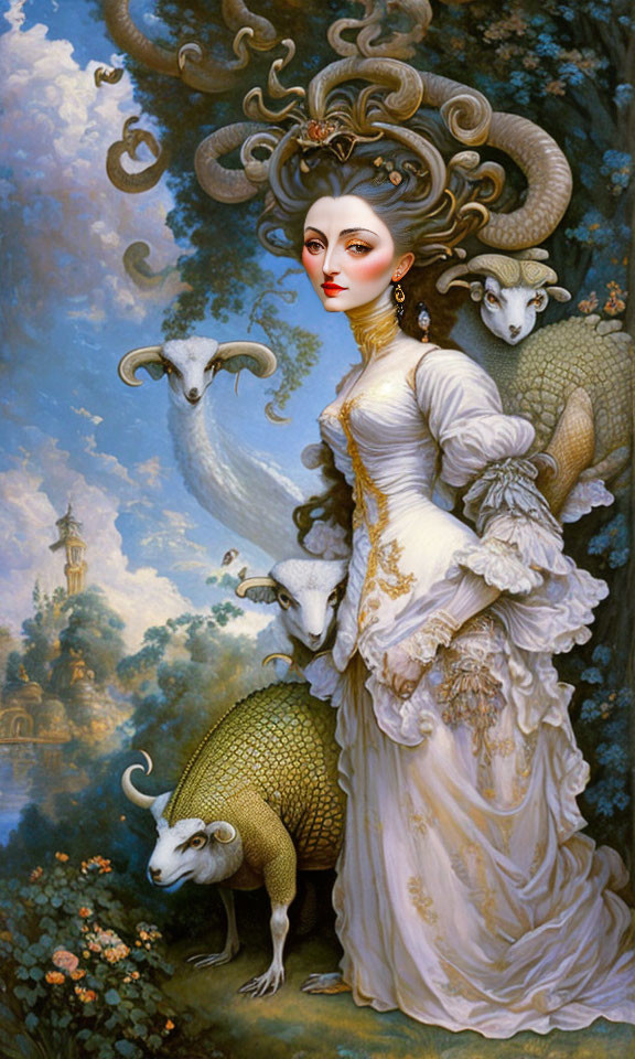 Elegant woman with ram's horns and multiple faces in fantastical landscape