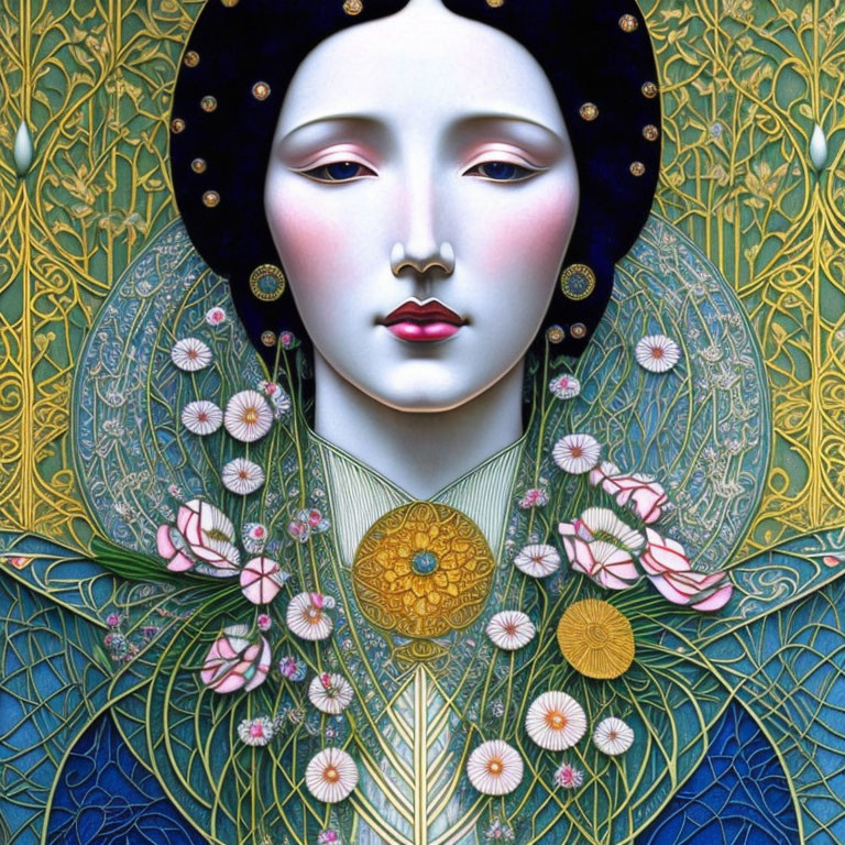 Stylized woman with pale skin and golden adornments on blue background