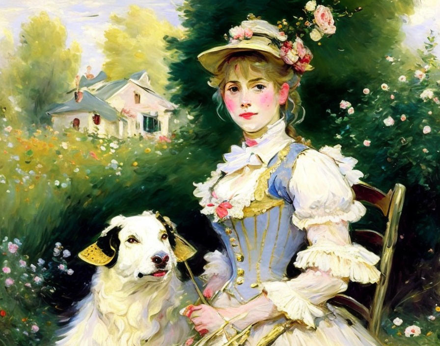 Victorian-era woman in blue and yellow dress with straw hat and flowers, seated outside with dog in