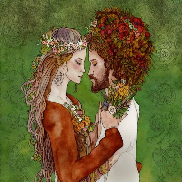 Illustration of embracing couple with floral crowns and beard, set in botanical backdrop