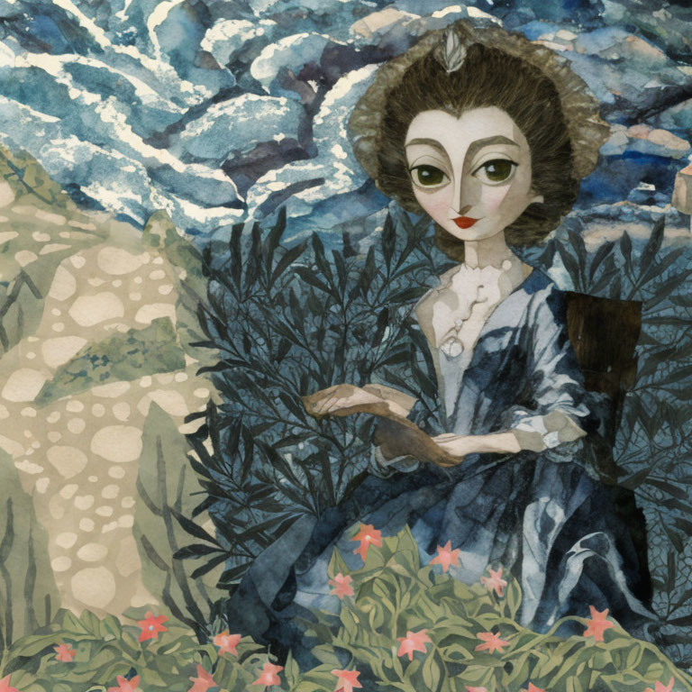 Stylized watercolor painting of elegant woman in nature scene