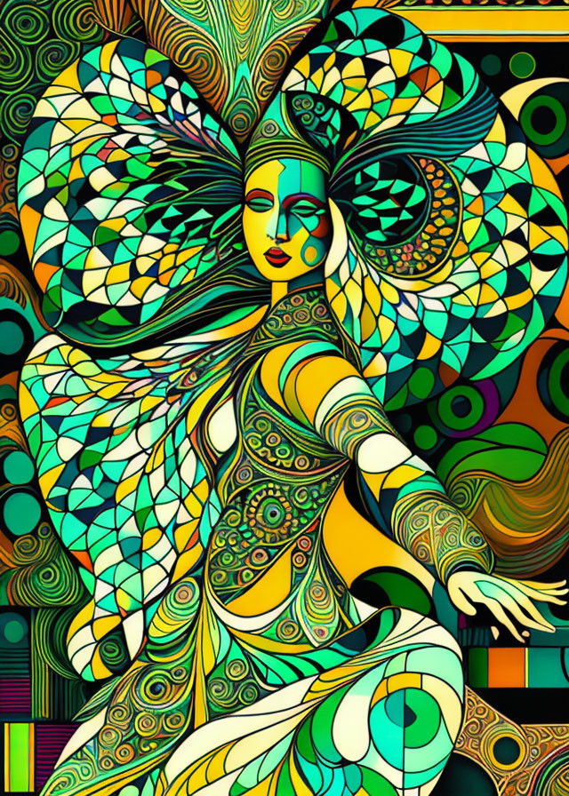 Vibrant Art Nouveau and psychedelic fusion portrait.