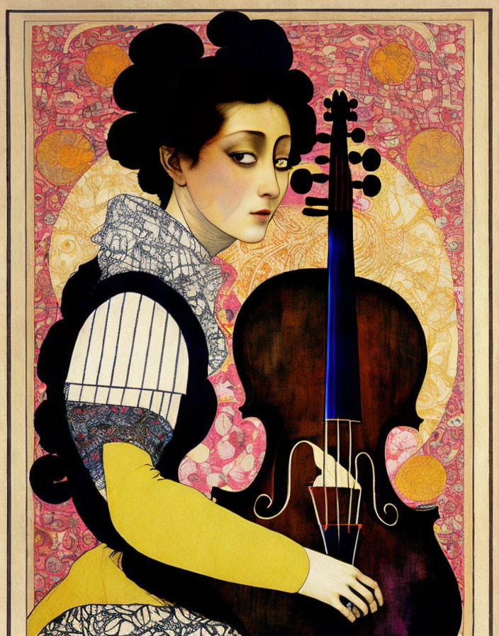 Illustration of woman with intricate hairstyle holding violin against decorative background