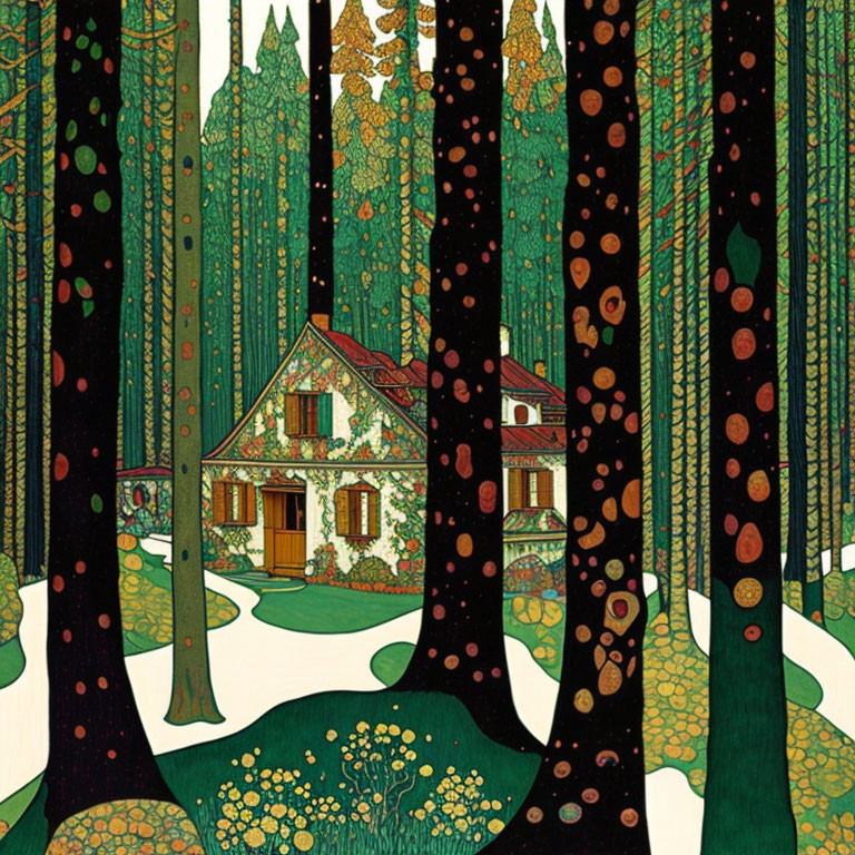 Whimsical illustration of secluded house in dense, stylized trees