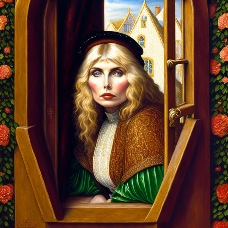 Blonde woman looking out window with roses and distant house