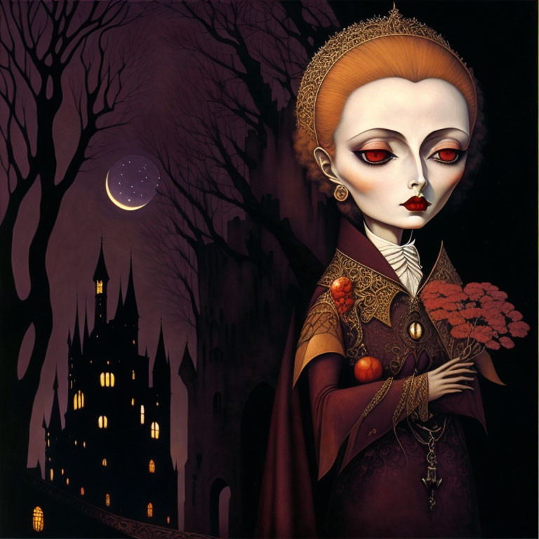 Stylized painting of pale woman in medieval dress with red eyes, flowers, castle, moonlit