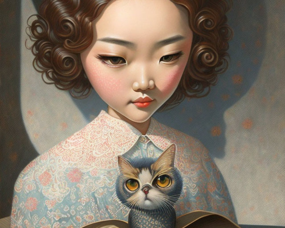 Portrait of Girl with Short Wavy Hair and Grey Cat on Book