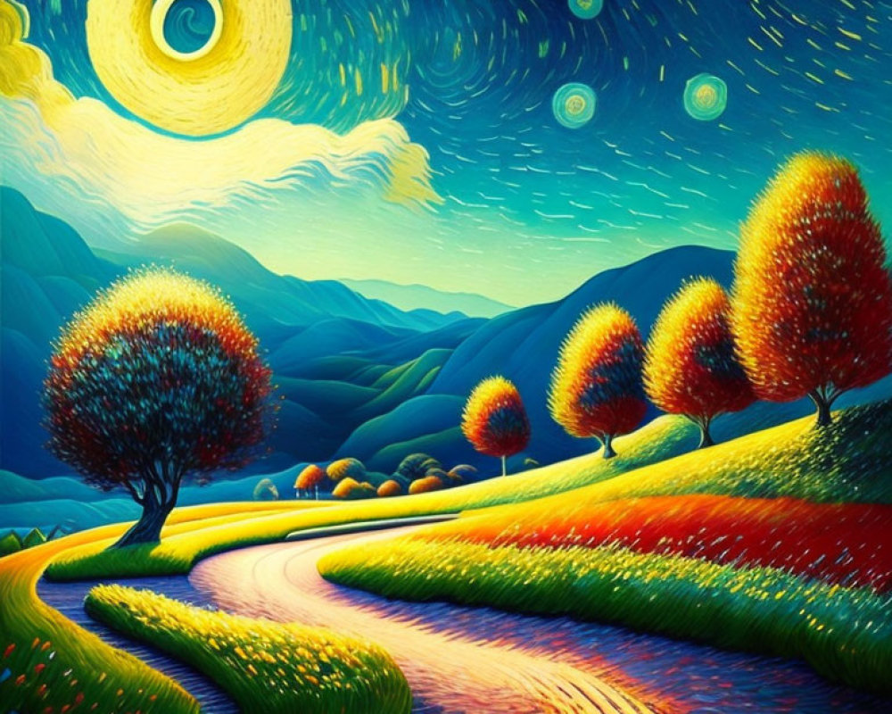 Colorful Stylized Painting of Whimsical Landscape with Celestial Skies