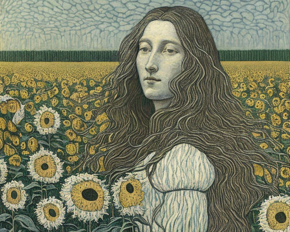 Woman with flowing hair in front of sunflowers under cloudy sky in Art Nouveau style