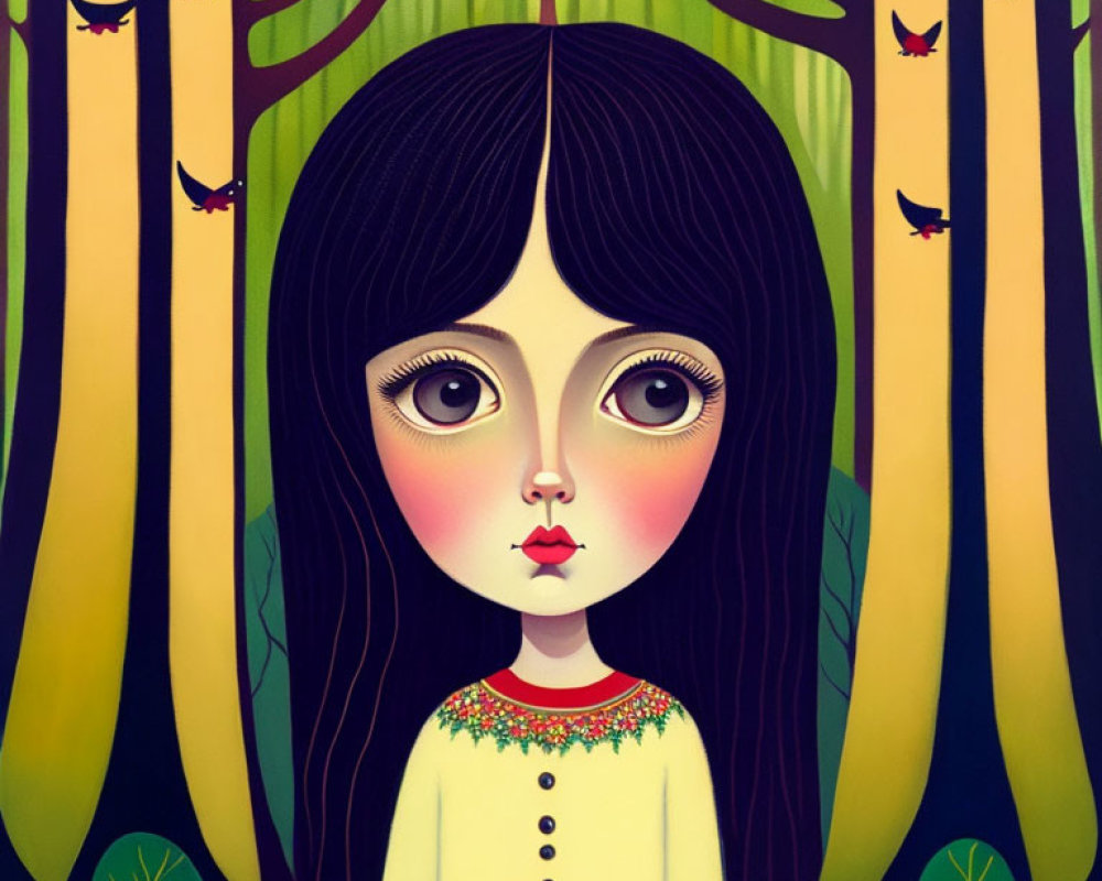 Stylized illustration of girl in vibrant forest with birds