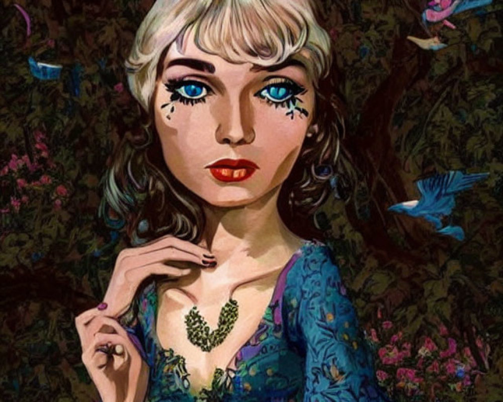 Illustrated portrait of woman with blue eyes and blonde hair in blue dress, set in dark floral background