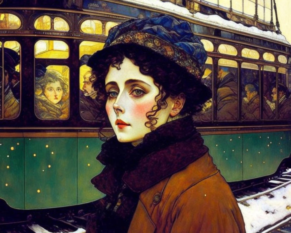 Woman in brown coat and blue hat with vintage tram and passengers in snowy scene