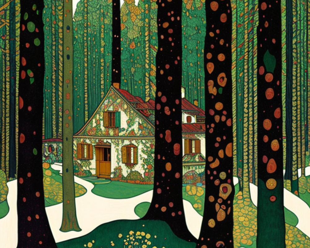 Whimsical illustration of secluded house in dense, stylized trees