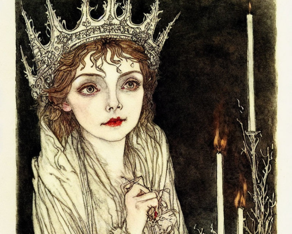 Pale wide-eyed woman with crown holding slender spear with flame - Illustration