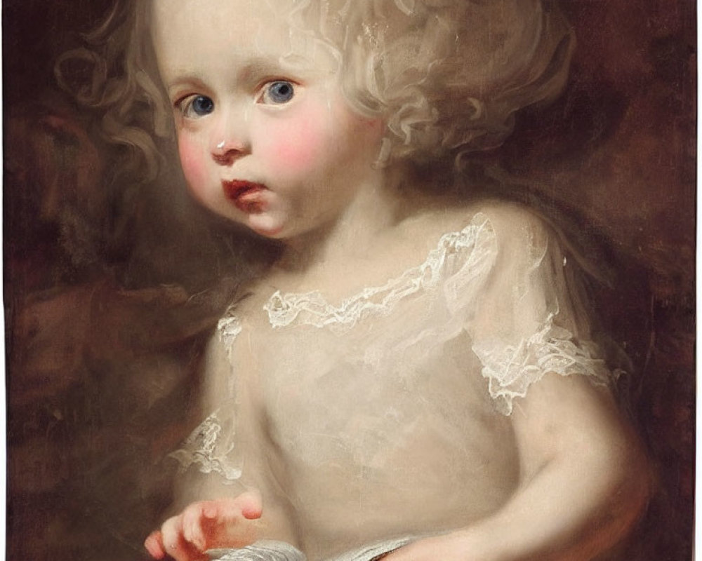 Cherubic child with curly hair holding book in delicate lace attire