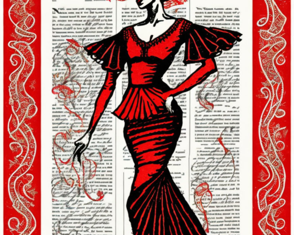 Illustration of Woman in Red Dress with Dramatic Ruffled Sleeves and Script Background