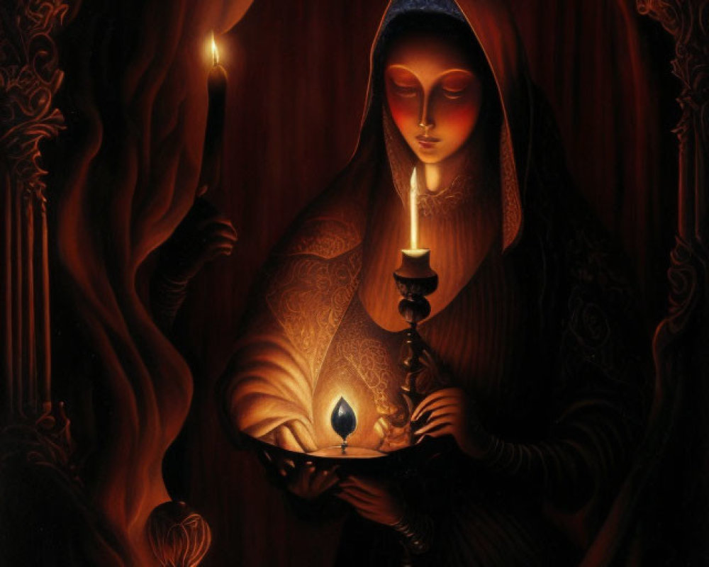 Serene woman in dark cloak holding a candle in soft glow