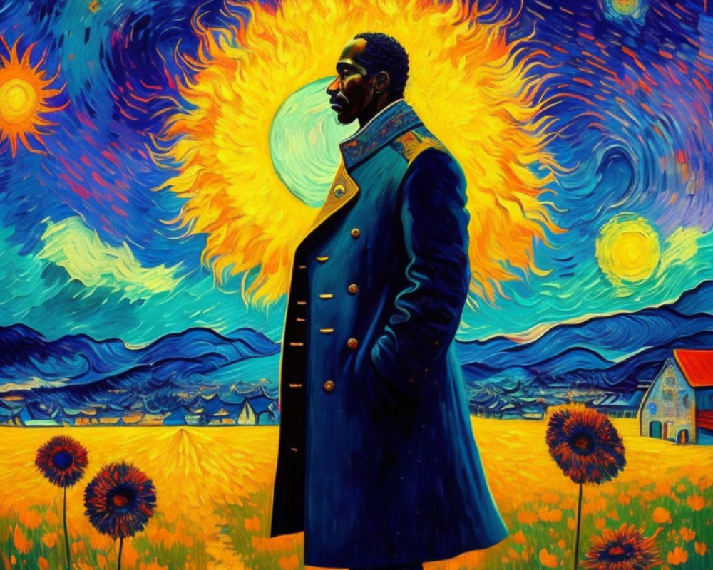 Stylized portrait of a man in blue coat on Van Gogh-inspired background
