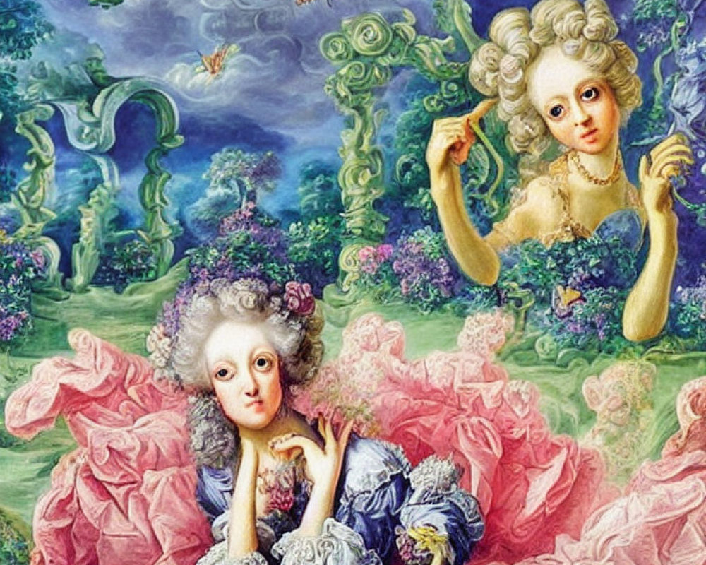 Rococo-style art featuring two feminine figures in whimsical nature