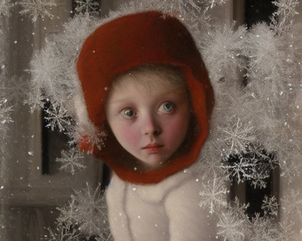 Child in Red Hat and White Outfit Surrounded by Intricate Snowflakes