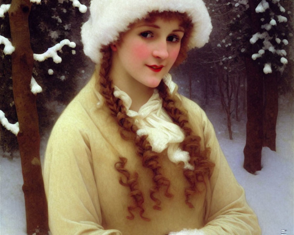 Woman in white hat and braided hair smiles in snowy forest scene