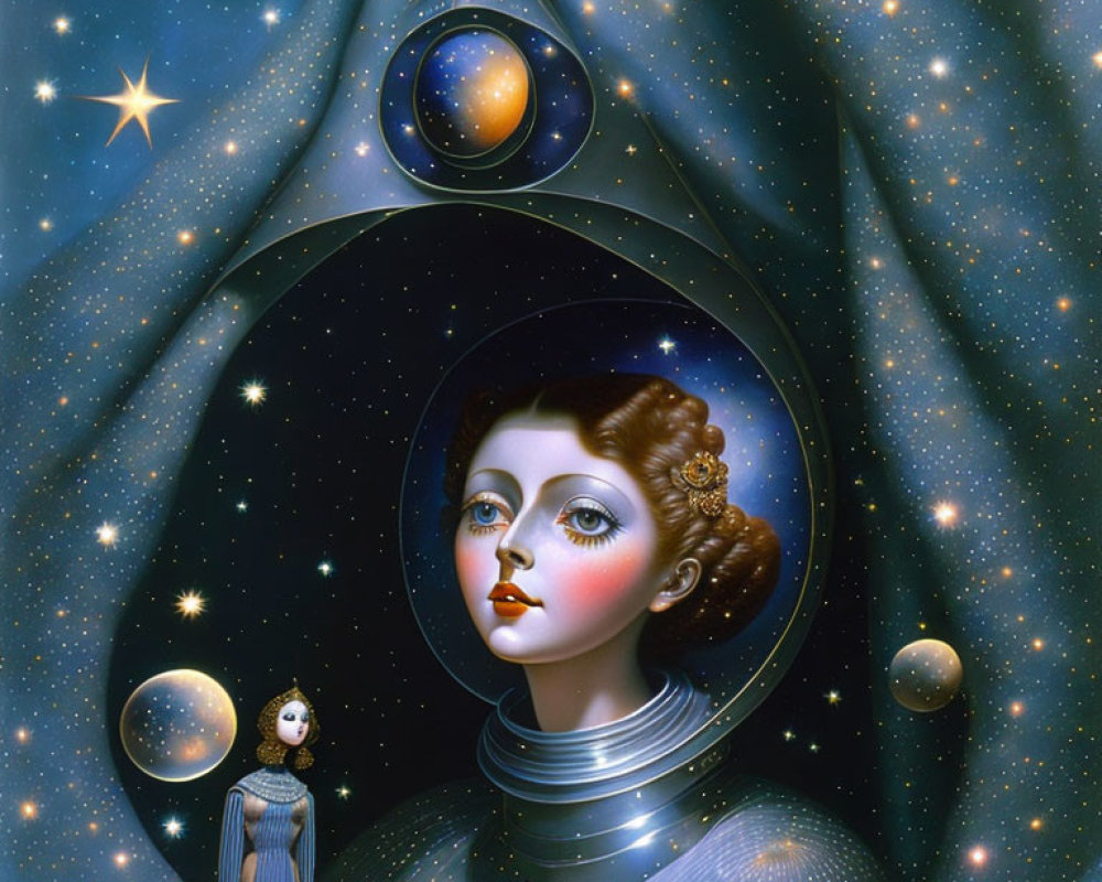 Cosmic-themed surreal woman artwork with stars and planets