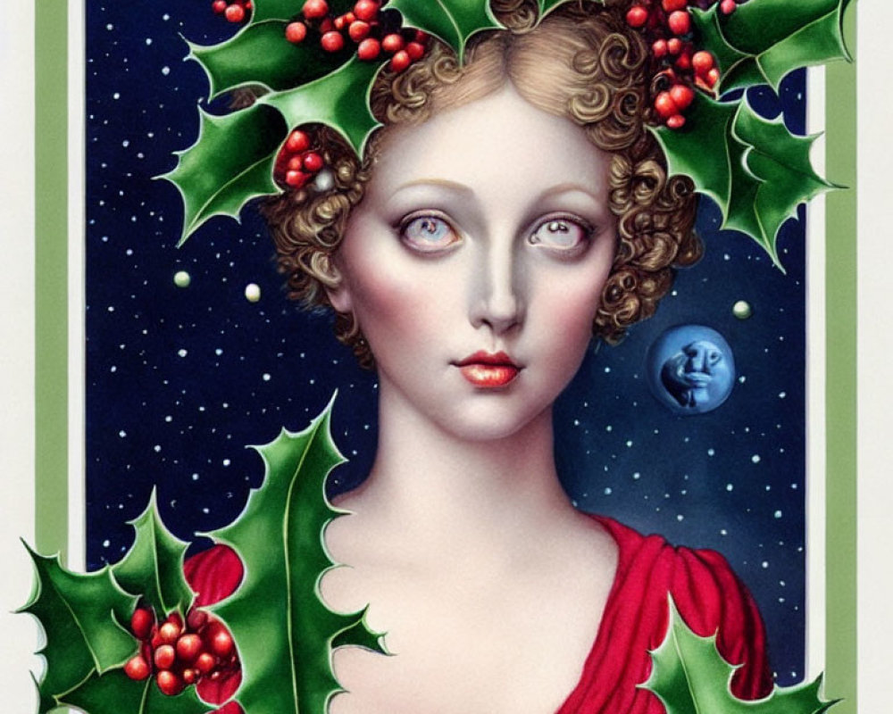 Illustration of woman with curly hair in red dress and holly, under crescent moon