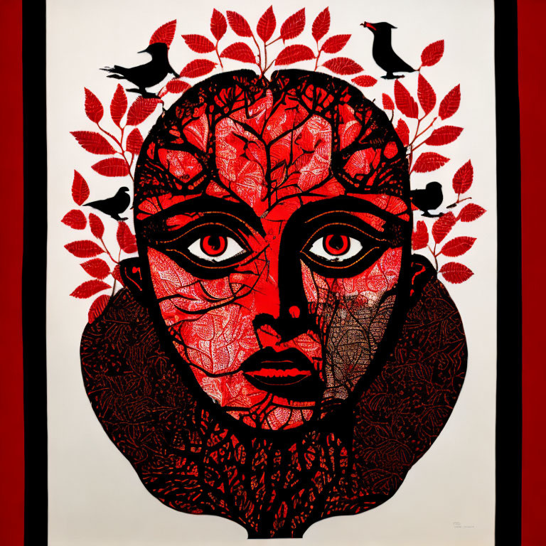 Red and Black Human Face Art with Tree Branches and Birds