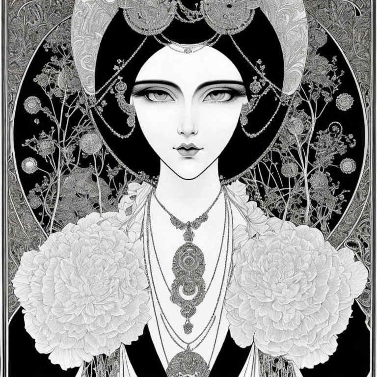 Monochromatic illustration of woman with headdress and floral motifs