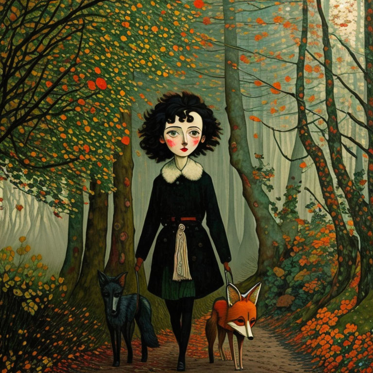 Illustrated woman with black hair walking in colorful autumn forest with two stylized foxes.