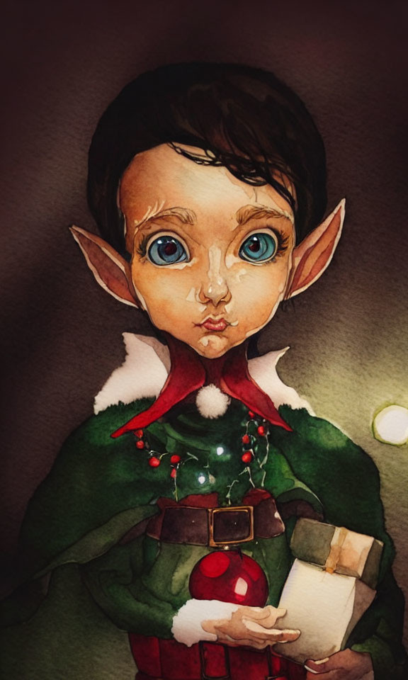 Wide-eyed elf character holding a gift in Christmas outfit with holly decorations