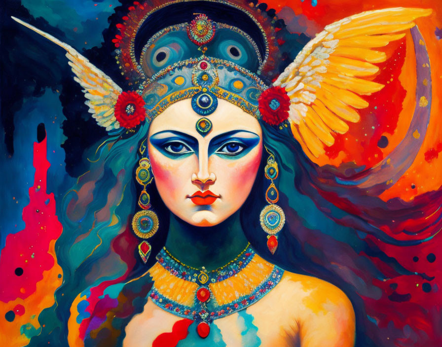 Vibrant painting of regal female figure with elaborate headgear