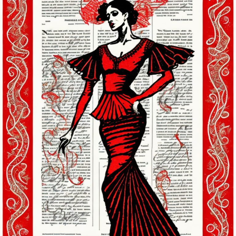 Illustration of Woman in Red Dress with Dramatic Ruffled Sleeves and Script Background