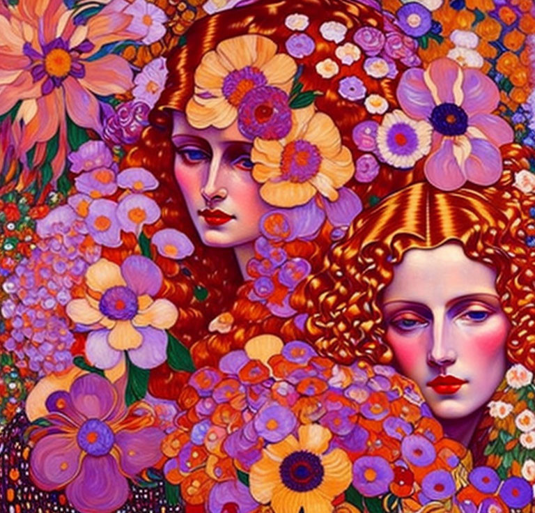 Vibrant floral artwork with two faces in ornate style