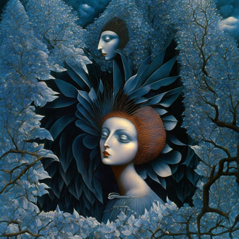 Stylized serene faces in blue foliage: one with dark headdress, other with leaf halo.