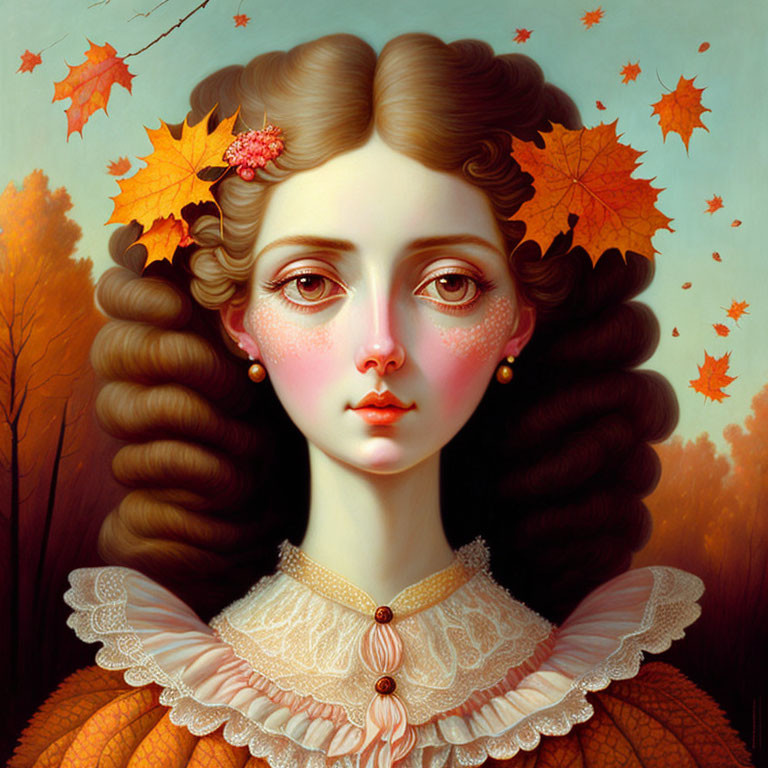 Woman with Voluminous Curly Hair & Autumn Leaves in Vintage Style