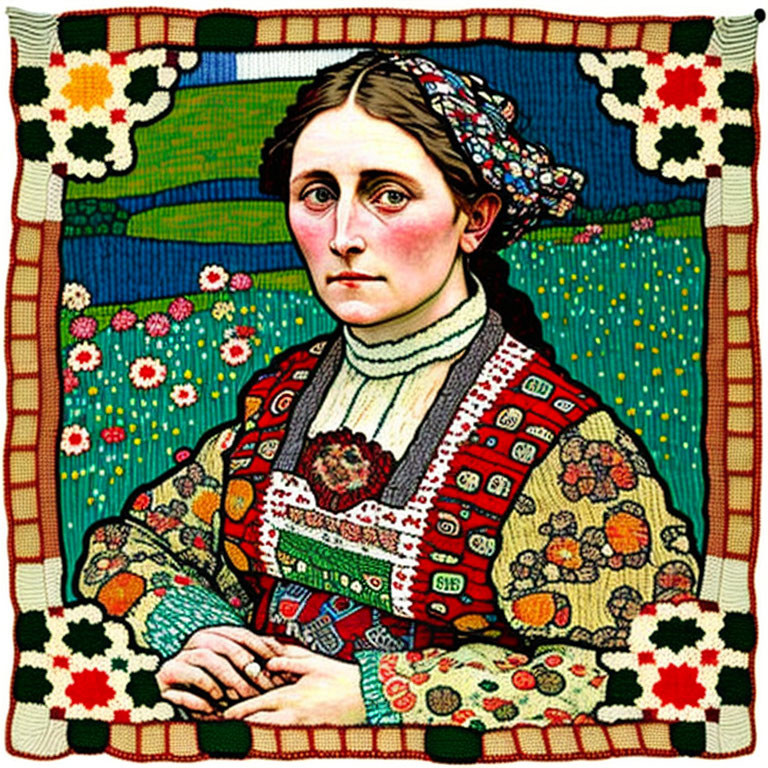 Vibrant portrait of woman in traditional dress with floral patterns