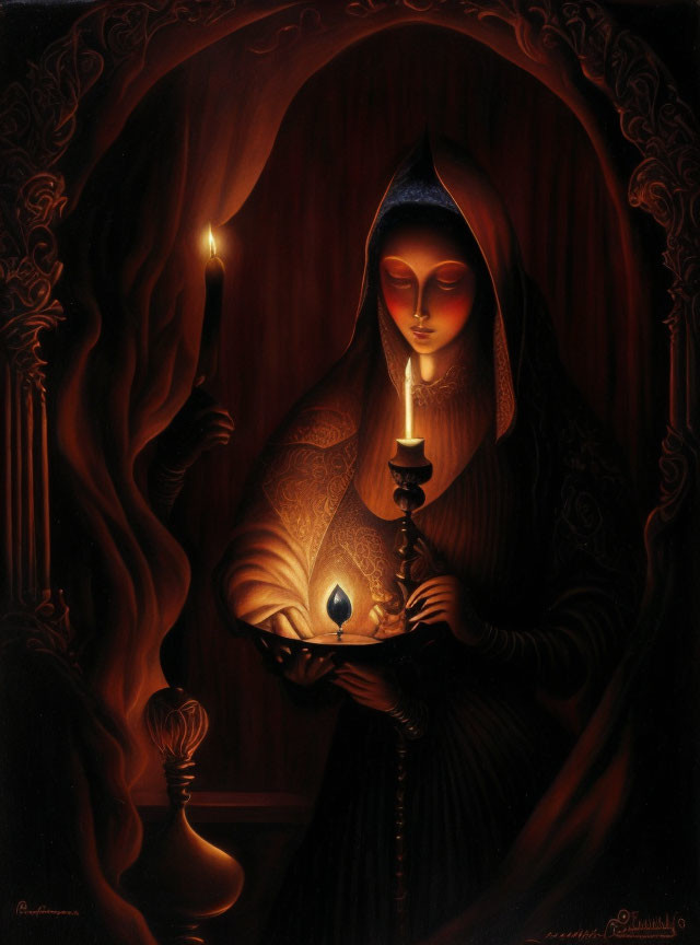 Serene woman in dark cloak holding a candle in soft glow