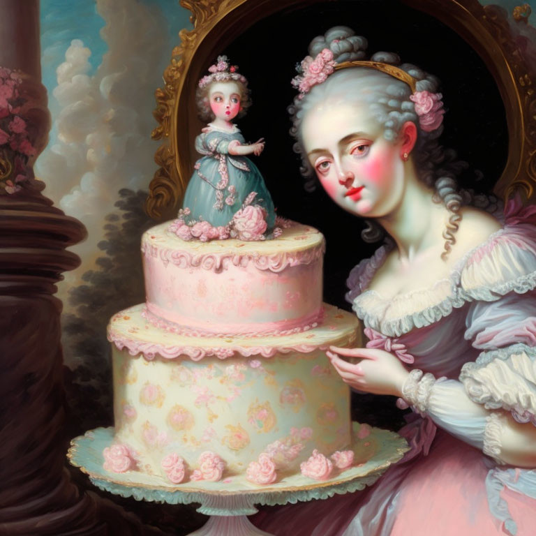 18th-Century Woman in Dress Pointing at Tiered Cake with Figurine